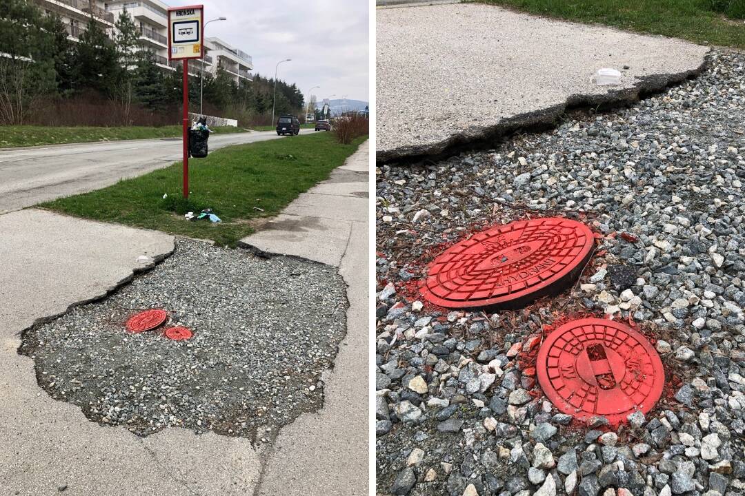 Foto: Opravené? Pozor na členky! Z diery v chodníku na autobusovej zastávke Hronská vykúkajú dva poklopy