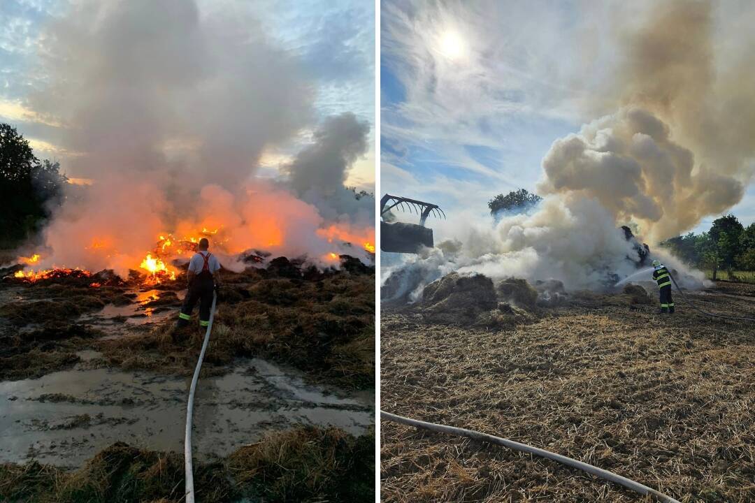 FOTO: Zo stohu slamy na poli šľahali plamene. Požiar v Čerhove hasili niekoľko hodín