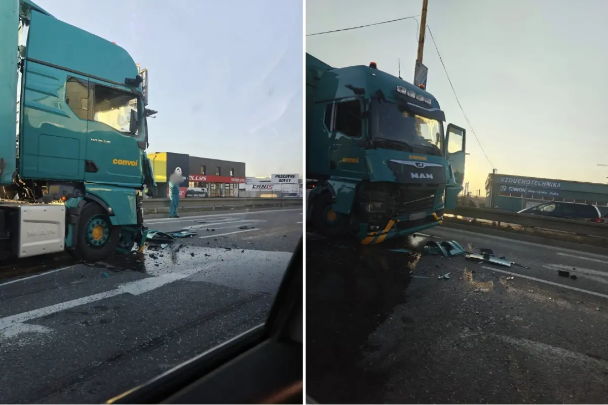 Foto: Dopravný kolaps na Prešovskej, pre zrážku dvoch kamiónov sa tvoria siahodlhé kolóny